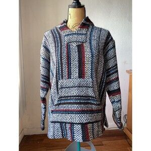 Baja Joe Mexican Blanket Poncho Surfer Hoodie Pullover Adult LARGE Chest 43” 24L